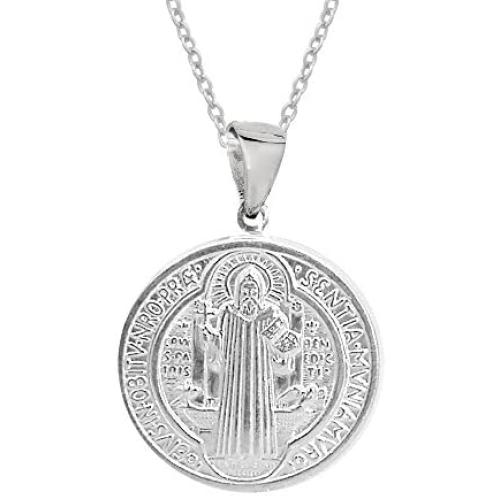 Ritastephens Sterling Silver San Benito St Saint Benedict Medallion Medal Pendant Necklace (3 sizes)