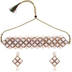 Efulgenz Indian Bollywood Traditional 14 K Gold Plated Kundan Crystal Pearl Wedding Bridal Choker Necklace Earrings Jewelry Set (White 2)