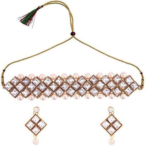 Efulgenz Indian Bollywood Traditional 14 K Gold Plated Kundan Crystal Pearl Wedding Bridal Choker Necklace Earrings Jewelry Set (White 2)