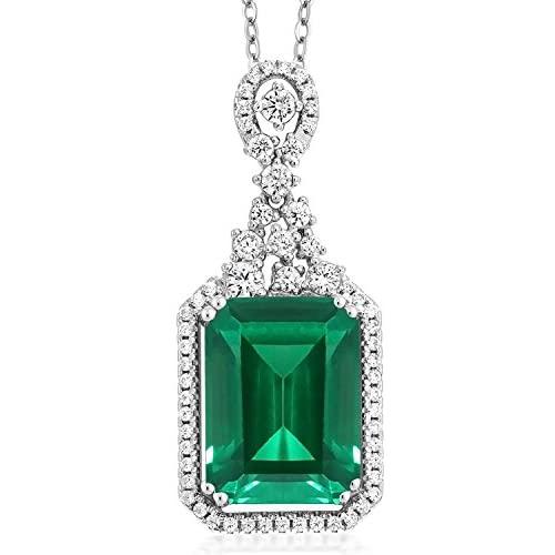 Gem Stone King Sterling Silver Green Simulated Emerald Pendant Necklace 7.10 cttw Emerald Cut 14X10MM with 18 Inch Silver Chain