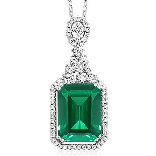 Gem Stone King Sterling Silver Green Simulated Emerald Pendant Necklace 7.10 cttw Emerald Cut 14X10MM with 18 Inch Silver Chain Gem Stone King Sterling Silver Green Simulated Emerald Pendant Necklace 7.10 cttw Emerald Cut 14X10MM with 18 Inch Silver Chain