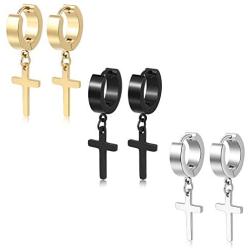 TXPFF 3 Pairs of Cross Earrings Dangle Hinged Men Earrings Stainless Steel Cross hoop Earrings for Men and Women ,Silver,Gold ,Black