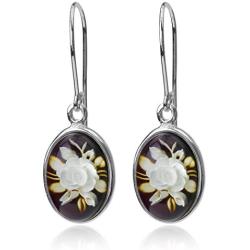 Amber Sterling Silver Cameo Rose Flower Oval Earrings