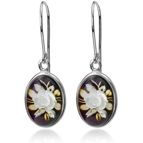 Amber Sterling Silver Cameo Rose Flower Oval Earrings