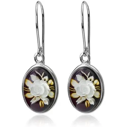 Amber Sterling Silver Cameo Rose Flower Oval Earrings Amber Sterling Silver Cameo Rose Flower Oval Earrings