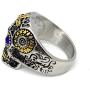 D&L Menswear Two Tone Gold & Silver Plated Stainless Steel Sugar Skull Gothic Cross Ring with Blue Rhinestone Eyes