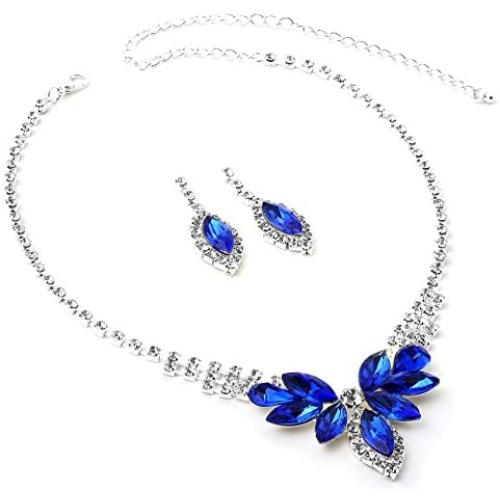 Topwholesalejewel Silver Crystal Rhinestone with Flower Pedal Stones Necklace and Dangle Matching Earrings Jewelry Set