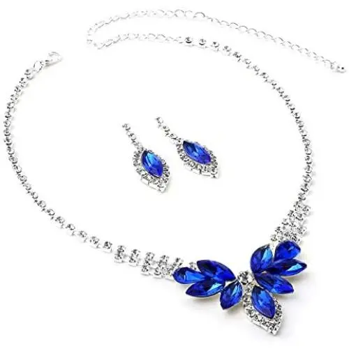 Topwholesalejewel Silver Crystal Rhinestone with Flower Pedal Stones Necklace and Dangle Matching Earrings Jewelry Set