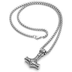 Mjolnir Thors Hammer Necklace Size 9-13 Norse Viking Celtic Knot Ring Set for Men Vintage Retro Ancient Symbol 24 inches Stainless Steel Chain Punk Rock Goth Pendant Necklaces Finger Rings Old Style Amulet