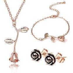 CASSIECA Rose Necklace Bracelet Stud Earrings for Women Flower Pendant Necklace Chian for Lover Friends Birthday Valentine Fashion Jewelry Set Gift