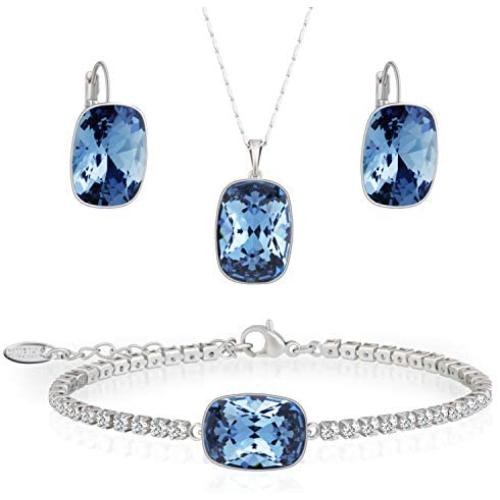Embellished with crystail from Swarovski Jewelry Set-Blue Square Stone-Pendant Necklace-Earrings-Bracelet for Women and Girls