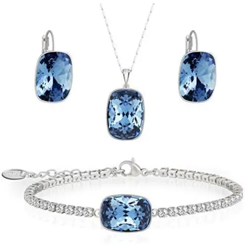 Embellished with crystail from Swarovski Jewelry Set-Blue Square Stone-Pendant Necklace-Earrings-Bracelet for Women and Girls