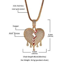 KMASAL Jewelry Hip Hop Iced Out Broke Heart Chain Bling Pendant 18K Gold Plated Necklace for Men Women