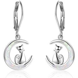 YFN Sterling Silver Unicorn Earrings, Cat Moon Opal Earrings Cat Lovers Gift, Owl Gifts Drop Leverback Earrings for Women