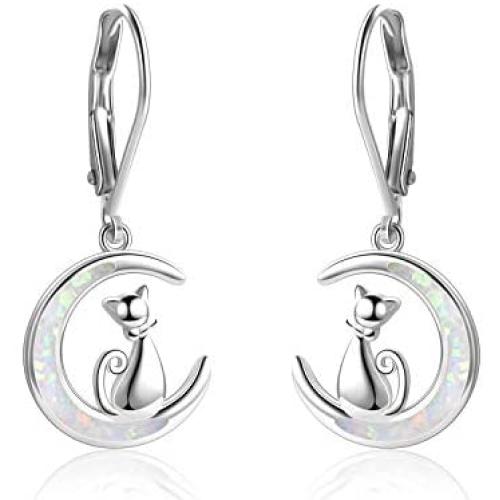 YFN Sterling Silver Unicorn Earrings, Cat Moon Opal Earrings Cat Lovers Gift, Owl Gifts Drop Leverback Earrings for Women