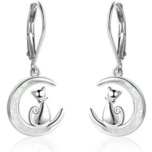 YFN Sterling Silver Unicorn Earrings, Cat Moon Opal Earrings Cat Lovers Gift, Owl Gifts Drop Leverback Earrings for Women