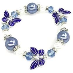 Butterfly Bracelet - Butterfly Jewelry Gift For Women Teen Girls With Rhinestone Beads - Butterfly Lovers Valentine Gift - Blue White Beaded Stretch Bracelet Bangle In Gift Pouch