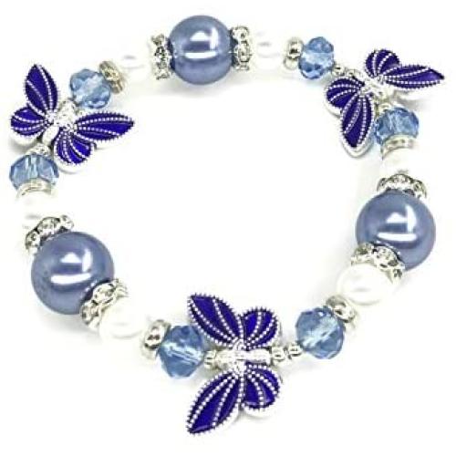 Butterfly Bracelet - Butterfly Jewelry Gift For Women Teen Girls With Rhinestone Beads - Butterfly Lovers Valentine Gift - Blue White Beaded Stretch Bracelet Bangle In Gift Pouch