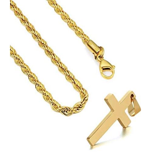 FZTN Jewelry Gold Necklace for Men & Women/Round Box Chain or Rope Chain with Cross Pendant Prayer Necklace/Love Heart Pendant Necklace / 20''-24'' Link Chain