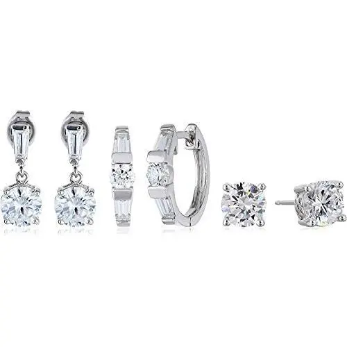 18K Yellow Gold or Rhodium Plated 925 Sterling Silver Cubic Zirconia Stud Earrings, Drop Earrings and Hoop Earrings Jewelry Set