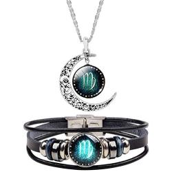 HUASAI 12 Twelve Constellations Hand Woven Leather Bracelet and Moon Pendant Necklace Zodiac Sign Jewelry Set