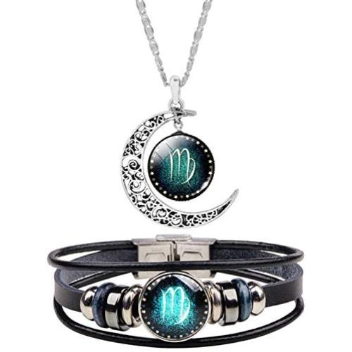 HUASAI 12 Twelve Constellations Hand Woven Leather Bracelet and Moon Pendant Necklace Zodiac Sign Jewelry Set