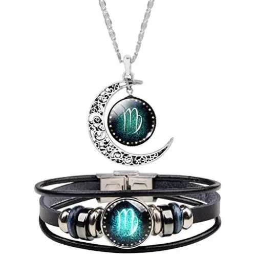 HUASAI 12 Twelve Constellations Hand Woven Leather Bracelet and Moon Pendant Necklace Zodiac Sign Jewelry Set HUASAI 12 Twelve Constellations Hand Woven Leather Bracelet and Moon Pendant Necklace Zodiac Sign Jewelry Set