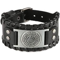 HZMAN Viking Punk Bike Leather Cuff Bracelet Rock Leather Wristband Adjustable Nordic Rune Vintage Bracelet for Men