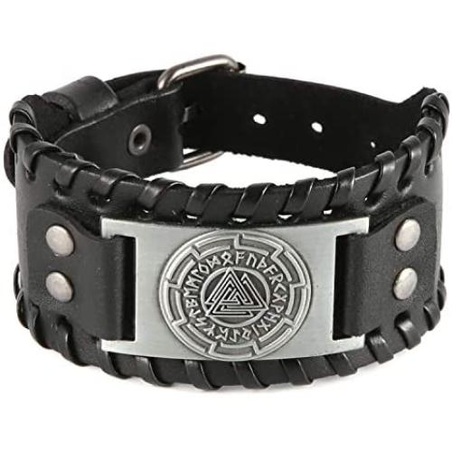 HZMAN Viking Punk Bike Leather Cuff Bracelet Rock Leather Wristband Adjustable Nordic Rune Vintage Bracelet for Men