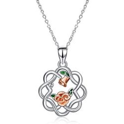 YFN Sterling Silver Celtic Knot Necklace Rose Flower Pendant Good Luck Irish Jewelry for Women Gifts (Rose Gold)