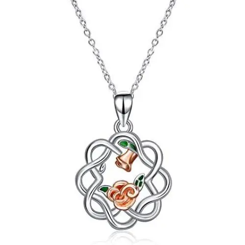 YFN Sterling Silver Celtic Knot Necklace Rose Flower Pendant Good Luck Irish Jewelry for Women Gifts (Rose Gold)