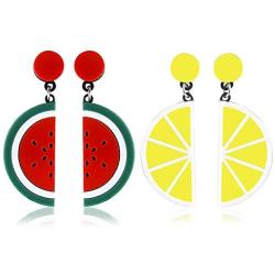 2 Pairs Cute Watermelon Lemon Fruit Earrings Jewelry Acrylic Exaggeration Personality Big Drop Dangle Stud Earrings for Womens Girls