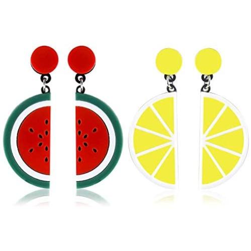 2 Pairs Cute Watermelon Lemon Fruit Earrings Jewelry Acrylic Exaggeration Personality Big Drop Dangle Stud Earrings for Womens Girls