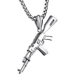 Greendou Fashion Mens Jewelry Hip Hop Titanium Stainless Steel AK-47 Gun Pendant Necklace with 24'' Rolo Chain