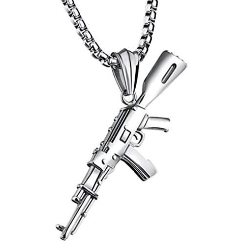 Greendou Fashion Mens Jewelry Hip Hop Titanium Stainless Steel AK-47 Gun Pendant Necklace with 24'' Rolo Chain