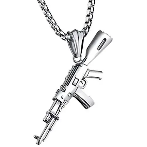 Greendou Fashion Mens Jewelry Hip Hop Titanium Stainless Steel AK-47 Gun Pendant Necklace with 24'' Rolo Chain Greendou Fashion Mens Jewelry Hip Hop Titanium Stainless Steel AK-47 Gun Pendant Necklace with 24'' Rolo Chain