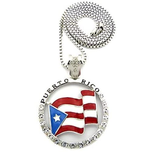 GWOOD Puerto Rico Flag Silver Color Pendant with 30 Inch Box Link Necklace