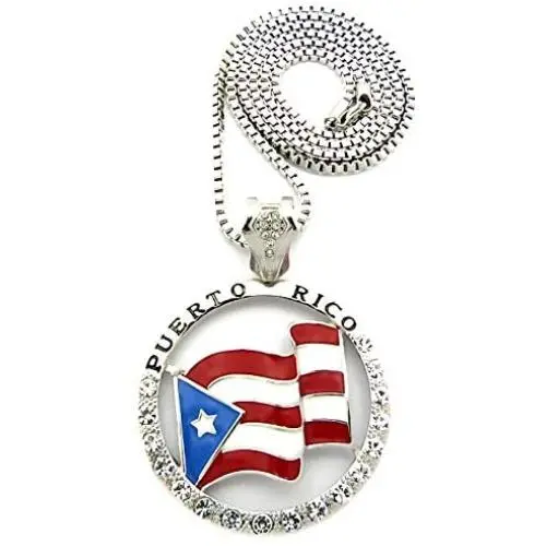 GWOOD Puerto Rico Flag Silver Color Pendant with 30 Inch Box Link Necklace GWOOD Puerto Rico Flag Silver Color Pendant with 30 Inch Box Link Necklace