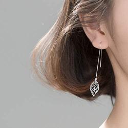 SLUYNZ 925 Sterling Silver Leaf Dangle Earrings for Women Teen Girls Leaf Earring Threader Chain