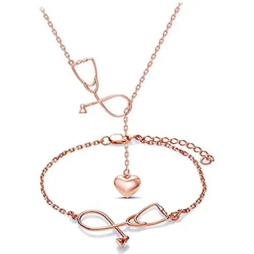 Dcfywl731 Stethoscope Inspired Necklace Bangle Bracelet Jewerly Set, Lariat Y Love Necklace for Doctors, Medical Student Jewelry, Nurse Heart Necklace (Rose Gold)