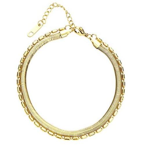 Dainty Layered Gold Chain Necklace for Women,Link Layered Circle Pendant Necklace,18k Gold Plated Womens Flat Herringbone Choker Necklaces, Girls Gold Layered Chain Jewelry Set 16 inch