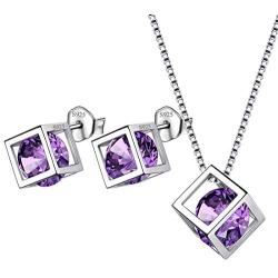 Birthstone Necklace/Earring 925 Sterling Silver Women Cross/3D Cube/Cresent Moon Birth Stone Jewelry Mens Birthday Gift Anniversary Present