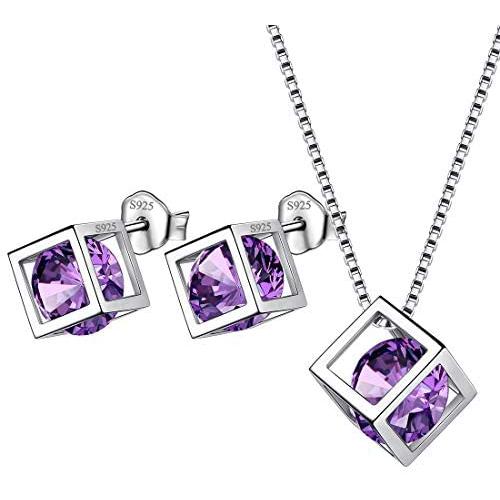 Birthstone Necklace/Earring 925 Sterling Silver Women Cross/3D Cube/Cresent Moon Birth Stone Jewelry Mens Birthday Gift Anniversary Present