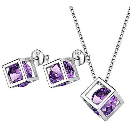 Birthstone Necklace/Earring 925 Sterling Silver Women Cross/3D Cube/Cresent Moon Birth Stone Jewelry Mens Birthday Gift Anniversary Present