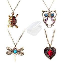 JinYu 4 Pcs Vintage Art Deco Style Bronze Tone Hollow Owl,Turtle, Angel Wingsand Dragonfly Pendant with Turquoise Crystal Eye Inset Necklace Long Chain Necklace Sweater Necklace with Box