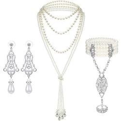 Hicarer 1920s Faux Pearl Necklace Long Flapper Bead Necklace Art Deco Pearl Earrings and 1920s Bracelet Ring Set for Women