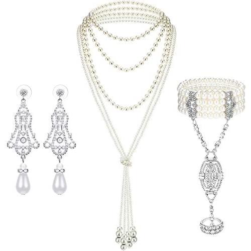 Hicarer 1920s Faux Pearl Necklace Long Flapper Bead Necklace Art Deco Pearl Earrings and 1920s Bracelet Ring Set for Women