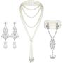 Hicarer 1920s Faux Pearl Necklace Long Flapper Bead Necklace Art Deco Pearl Earrings and 1920s Bracelet Ring Set for Women