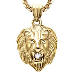 Jewelry Kingdom 1 Mens Necklace Lion Pendant Necklace, Bigger in Size, Silver Plated Stainless Steel, 3PCS Shiny CZ Diamonds, Comes with Rope Chain 24”and in a Gift Box