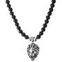 COOLSTEELANDBEYOND Gothic Punk Rock Mens Black Onyx Beads Necklace Stainless Steel Vintage Lion Head Pendant